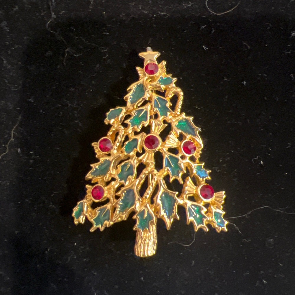 Vtg Christmas Tree Brooch Gold Tone Green Enamel Red Rhinestone Holly Pin 2in